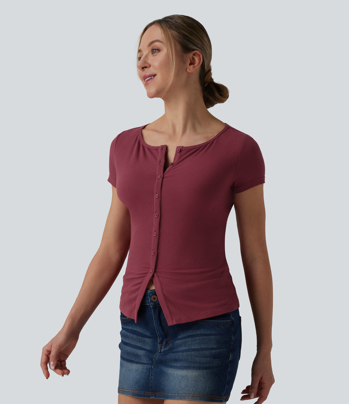 Ribbed Knit Boat Neck Short Sleeve Casual Top — Ruby Wine — view 4