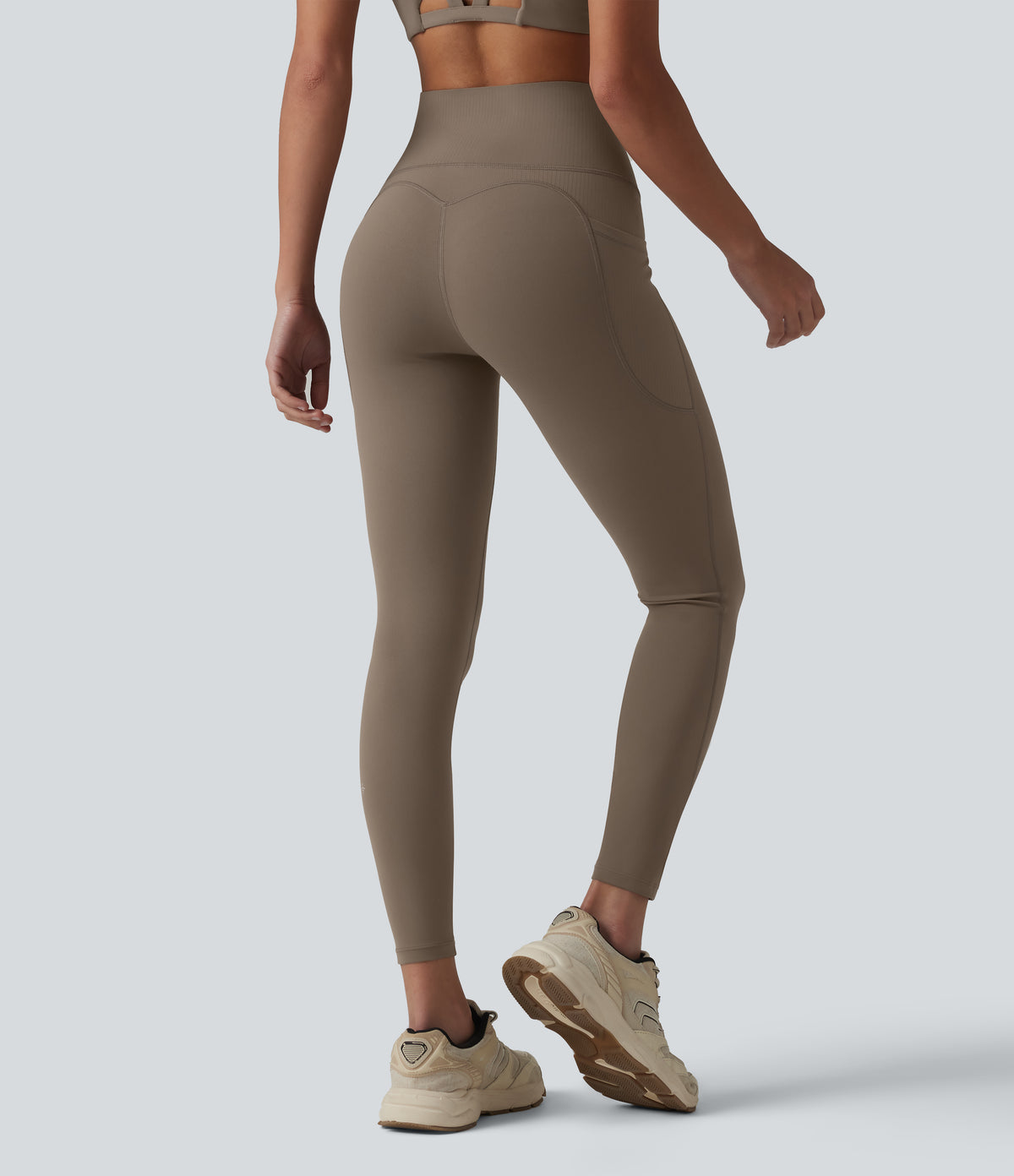 High Waisted Tummy Control Contrast Ribbed Yoga 7/8 Leggings with Pockets — Dawn Brown — view 2