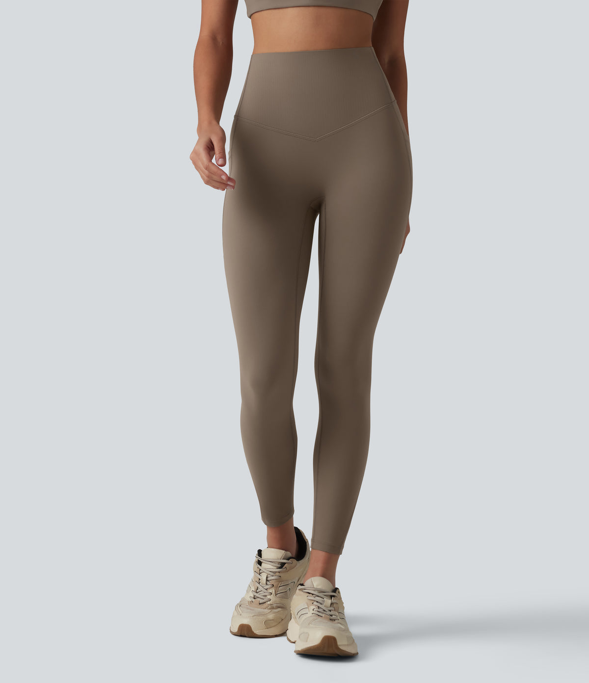 High Waisted Tummy Control Contrast Ribbed Yoga 7/8 Leggings with Pockets — Dawn Brown — view 3