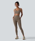 High Waisted Tummy Control Contrast Ribbed Yoga 7/8 Leggings with Pockets — Dawn Brown — view 7
