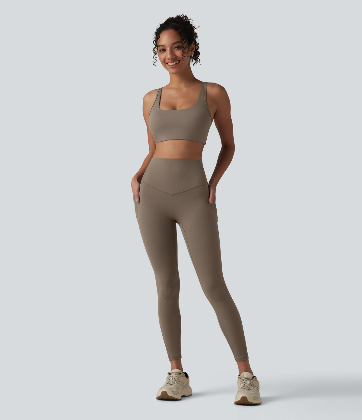 High Waisted Tummy Control Contrast Ribbed Yoga 7/8 Leggings with Pockets — Dawn Brown — view 7