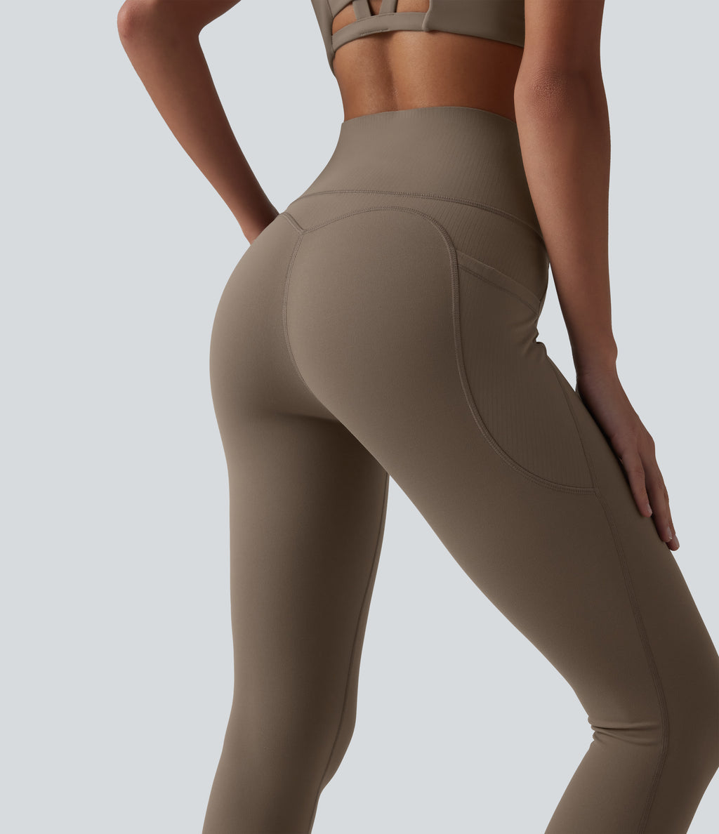 High Waisted Tummy Control Contrast Ribbed Yoga 7/8 Leggings with Pockets — Dawn Brown — view 6