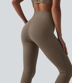 High Waisted Tummy Control Contrast Ribbed Yoga 7/8 Leggings with Pockets — Dawn Brown — view 6