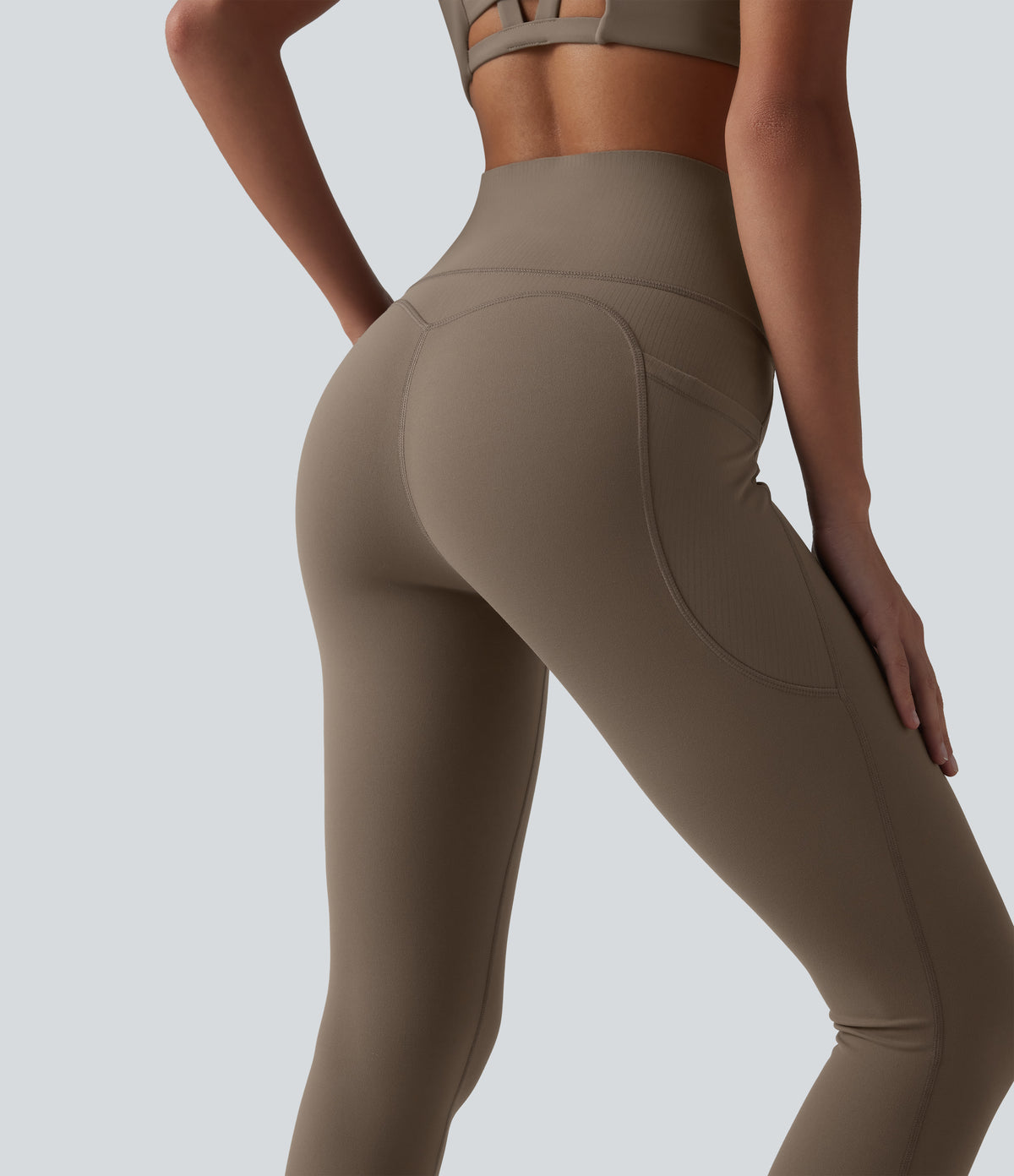 High Waisted Tummy Control Contrast Ribbed Yoga 7/8 Leggings with Pockets — Dawn Brown — view 6