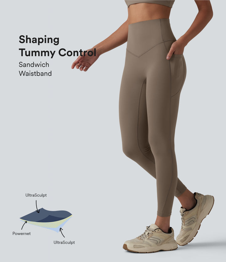 High Waisted Tummy Control Contrast Ribbed Yoga 7/8 Leggings with Pockets — Dawn Brown — view 1