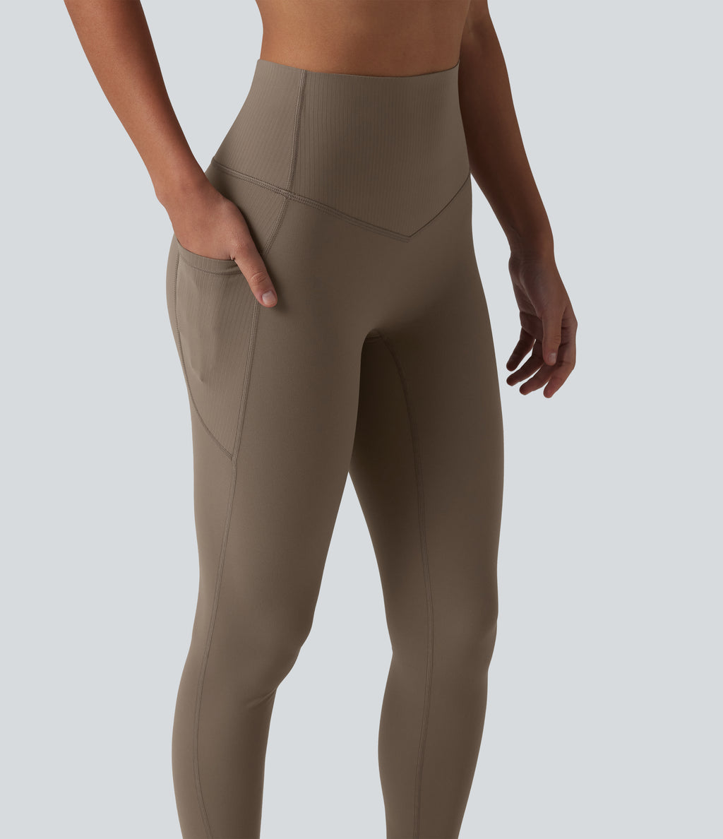 High Waisted Tummy Control Contrast Ribbed Yoga 7/8 Leggings with Pockets — Dawn Brown — view 5