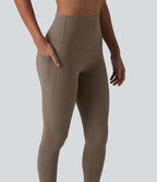High Waisted Tummy Control Contrast Ribbed Yoga 7/8 Leggings with Pockets — Dawn Brown — view 5