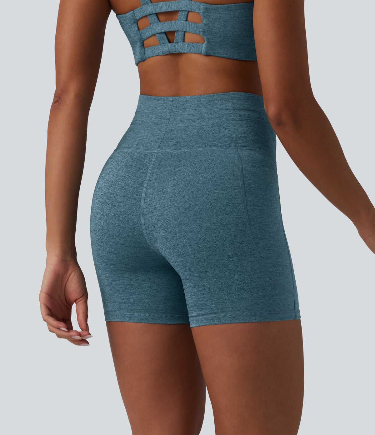 Heathered High Waisted Drawstring Quick Dry Yoga Biker Shorts 5'' with Pockets — Dark Grey Mélange — view 3