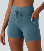 Heathered High Waisted Drawstring Quick Dry Yoga Biker Shorts 5'' with Pockets — Dark Grey Mélange — view 6