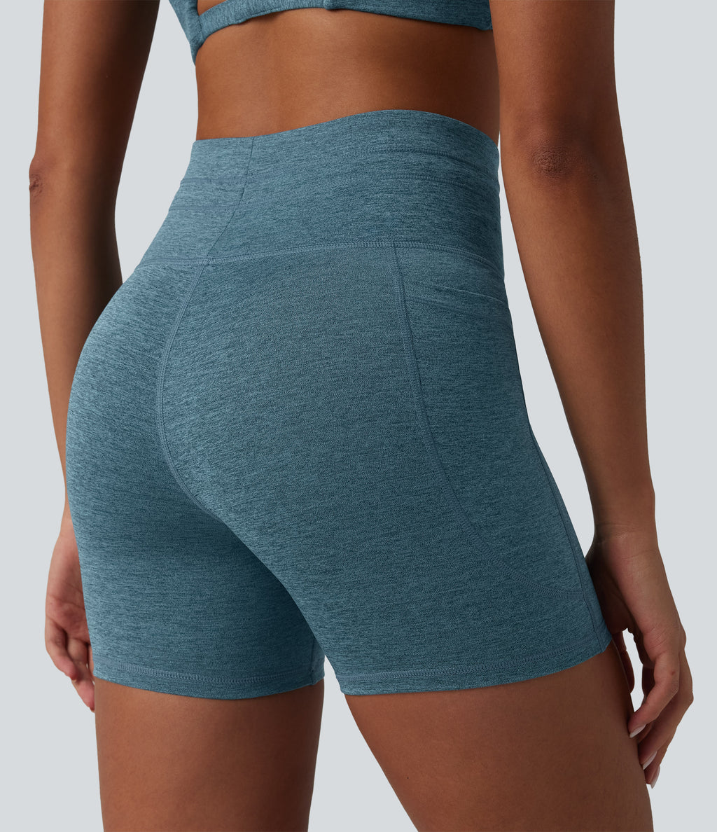 Heathered High Waisted Drawstring Quick Dry Yoga Biker Shorts 5'' with Pockets — Dark Grey Mélange — view 7