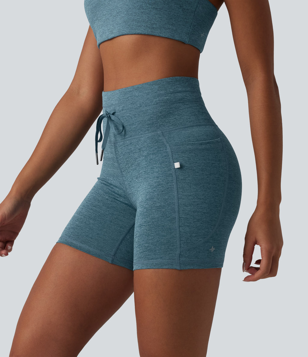 Heathered High Waisted Drawstring Quick Dry Yoga Biker Shorts 5'' with Pockets — Dark Grey Mélange — view 1