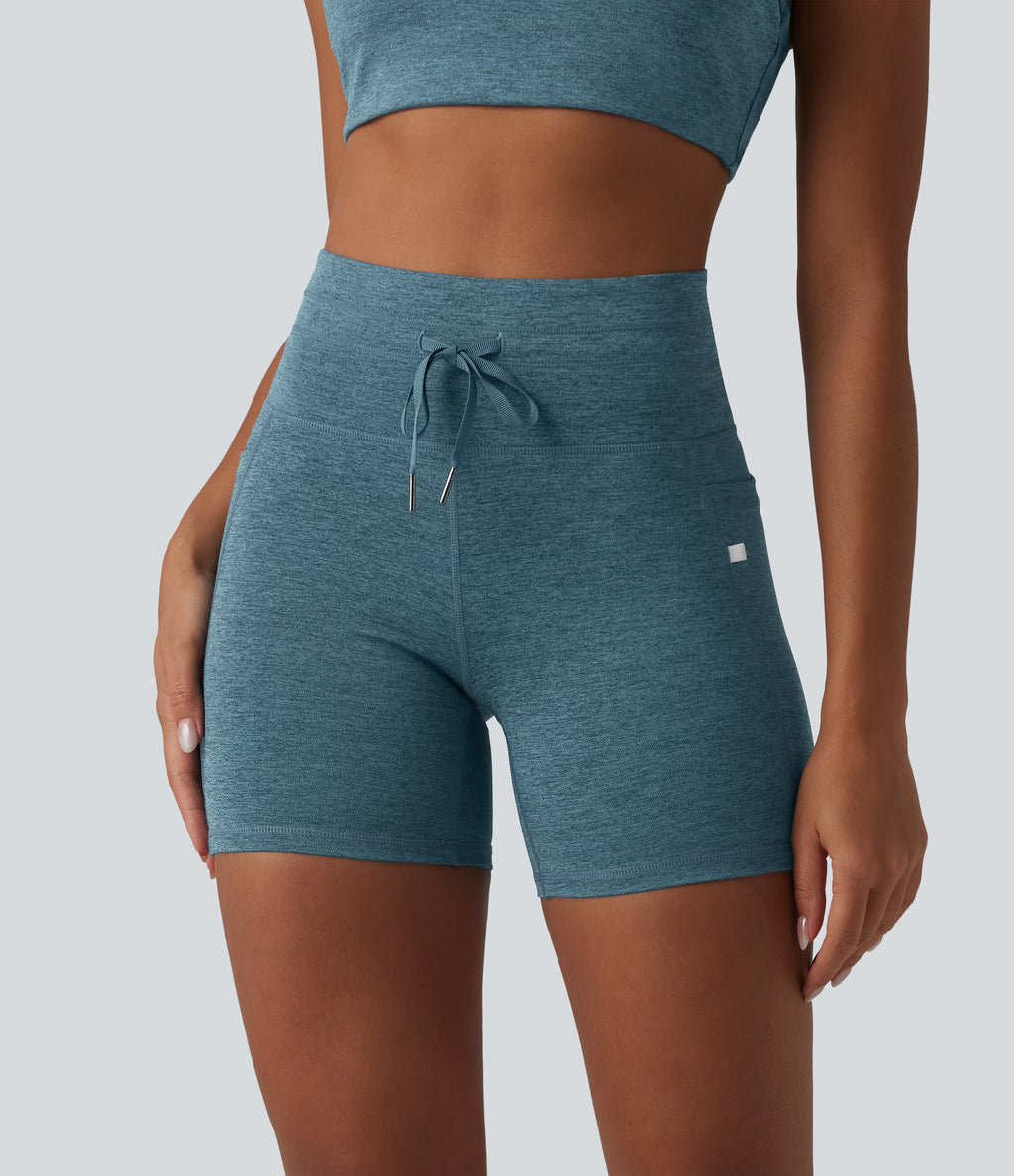 Heathered High Waisted Drawstring Quick Dry Yoga Biker Shorts 5'' with Pockets — Dark Grey Mélange — view 4