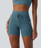 Heathered High Waisted Drawstring Quick Dry Yoga Biker Shorts 5'' with Pockets — Dark Grey Mélange — view 4