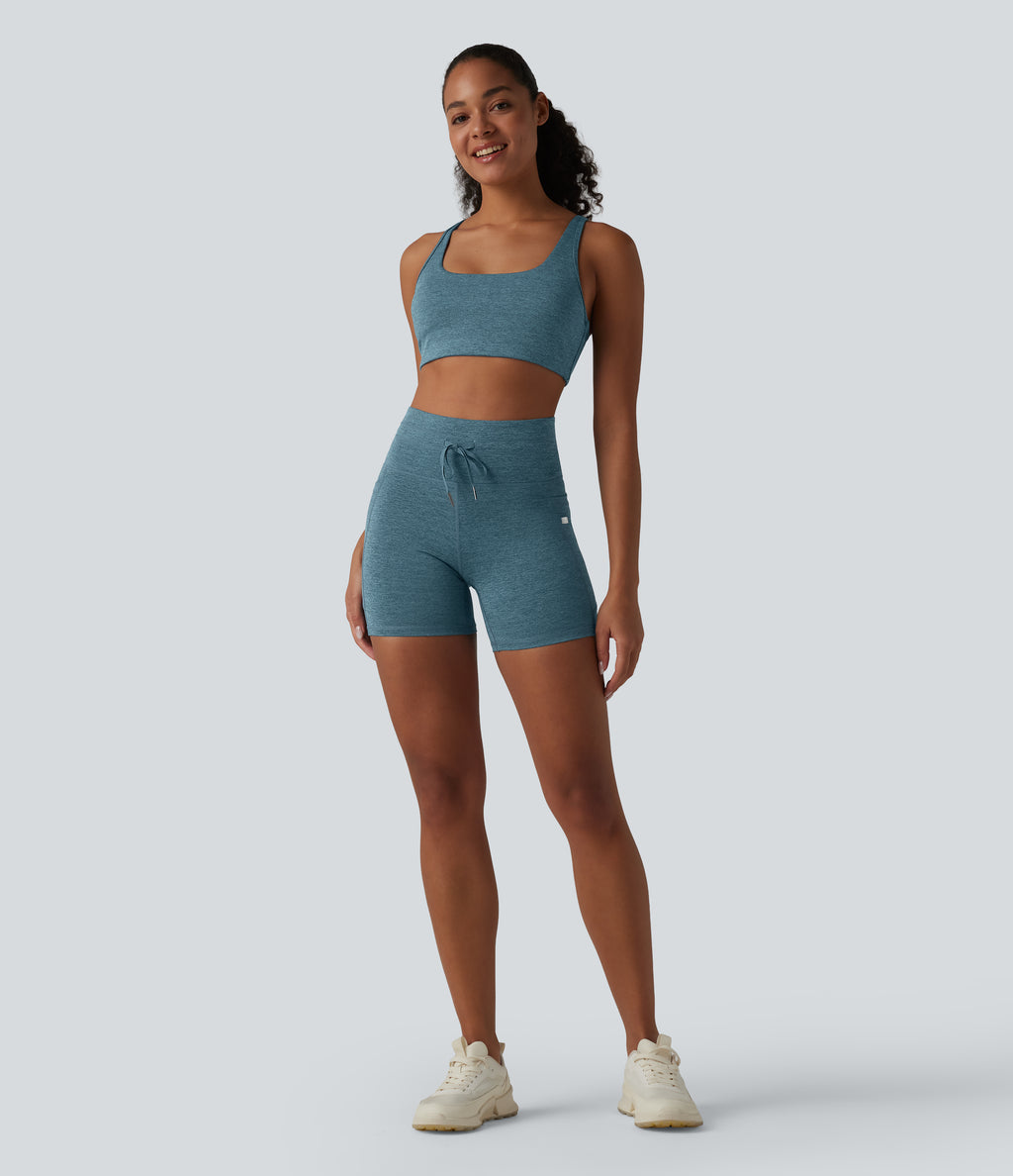 Heathered High Waisted Drawstring Quick Dry Yoga Biker Shorts 5'' with Pockets — Dark Grey Mélange — view 8