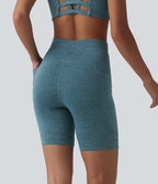 Heathered High Waisted Drawstring Quick Dry Yoga Biker Shorts 7'' with Pockets — Dark Grey Mélange — view 3