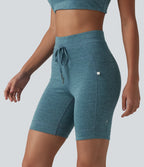 Heathered High Waisted Drawstring Quick Dry Yoga Biker Shorts 7'' with Pockets — Dark Grey Mélange — view 6