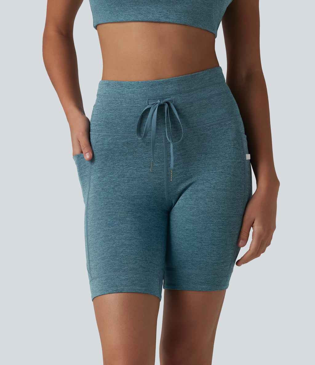 Heathered High Waisted Drawstring Quick Dry Yoga Biker Shorts 7'' with Pockets — Dark Grey Mélange — view 4