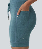Heathered High Waisted Drawstring Quick Dry Yoga Biker Shorts 7'' with Pockets — Dark Grey Mélange — view 5