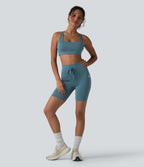 Heathered High Waisted Drawstring Quick Dry Yoga Biker Shorts 7'' with Pockets — Dark Grey Mélange — view 8