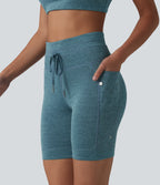 Heathered High Waisted Drawstring Quick Dry Yoga Biker Shorts 7'' with Pockets — Dark Grey Mélange — view 1
