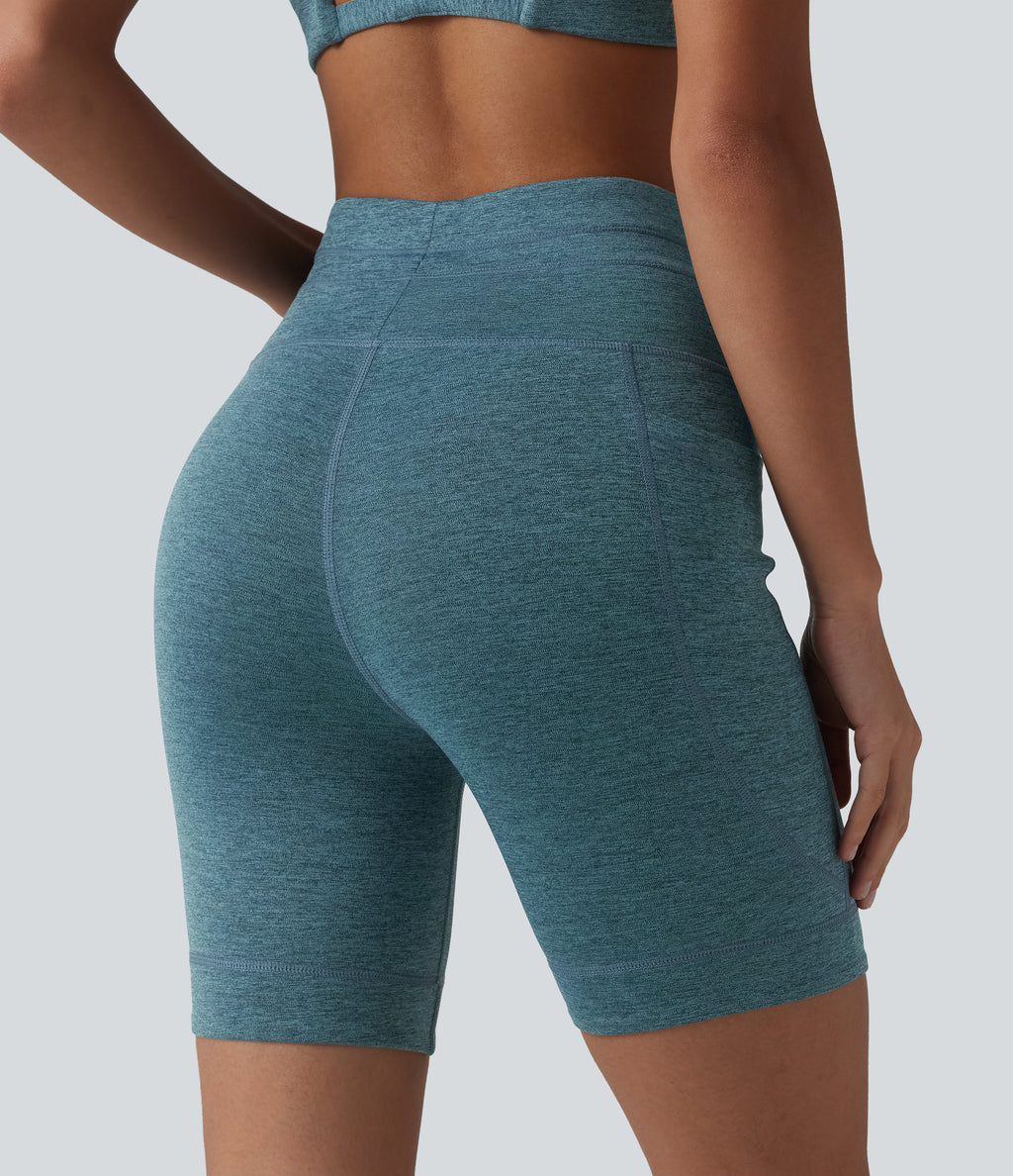 Heathered High Waisted Drawstring Quick Dry Yoga Biker Shorts 7'' with Pockets — Dark Grey Mélange — view 7