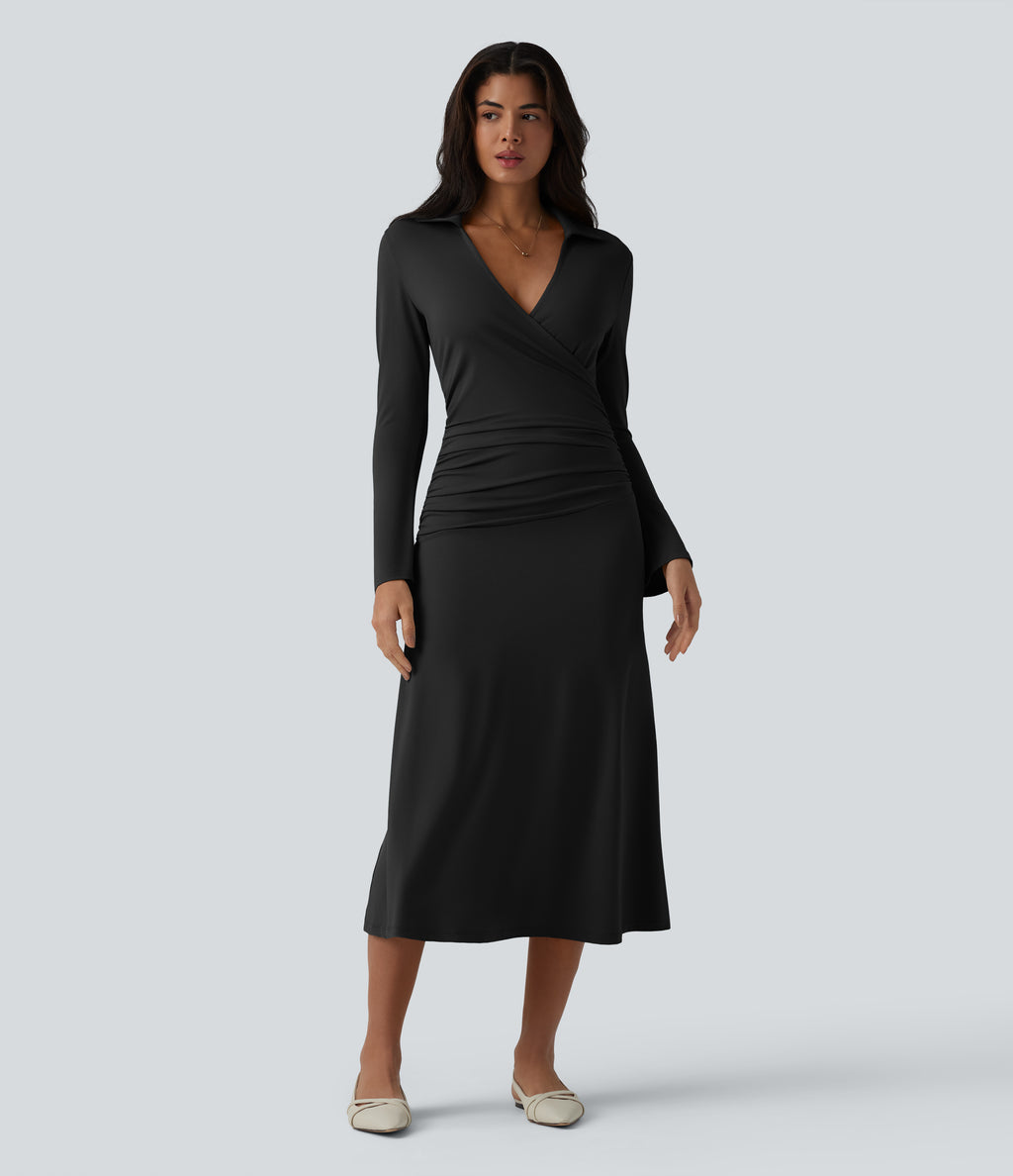 V Neck Long Sleeve Ruched Midi Casual Dress — Black — view 6