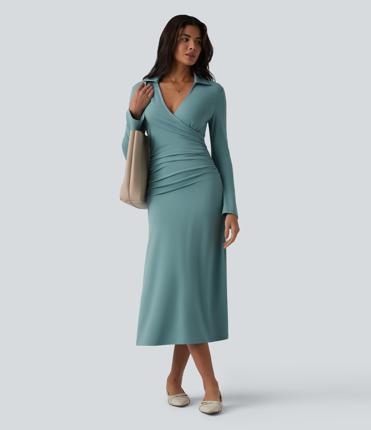 V Neck Long Sleeve Ruched Midi Casual Dress — Azure — view 5