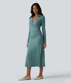 V Neck Long Sleeve Ruched Midi Casual Dress — Azure — view 3