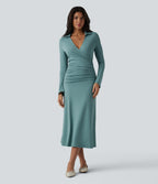 V Neck Long Sleeve Ruched Midi Casual Dress — Azure — view 1