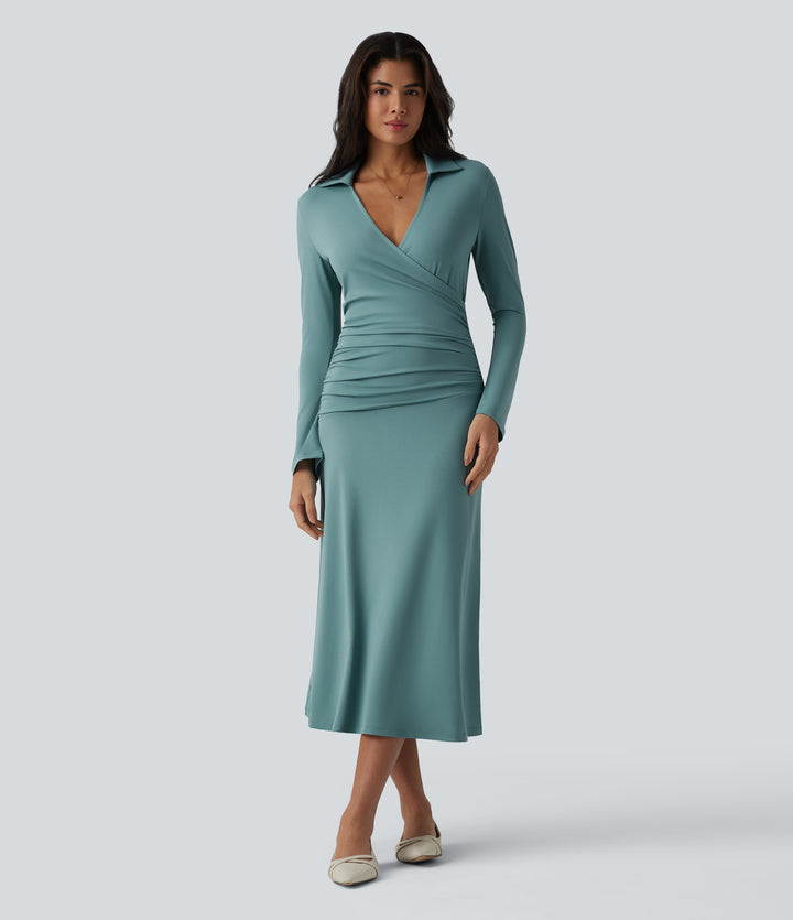 V Neck Long Sleeve Ruched Midi Casual Dress — Azure — view 1