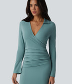 V Neck Long Sleeve Ruched Midi Casual Dress — Azure — view 4