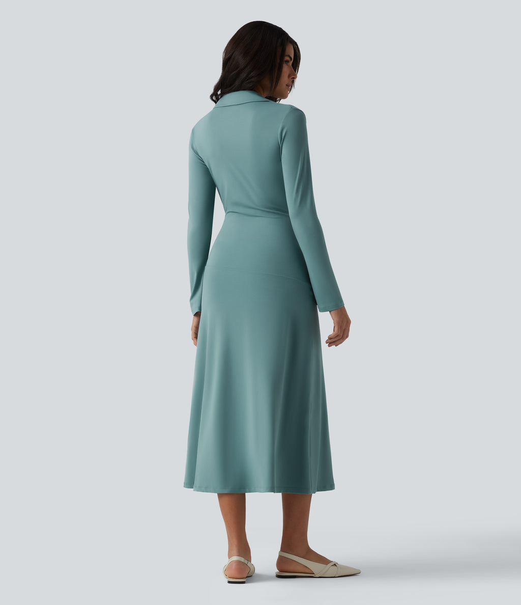 V Neck Long Sleeve Ruched Midi Casual Dress — Azure — view 2