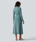 V Neck Long Sleeve Ruched Midi Casual Dress — Azure — view 2