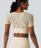 Contrast Mesh Short Sleeve 2-in-1 Cropped Yoga Sports Top — Pearled Ivory — view 1