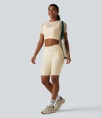 Contrast Mesh Short Sleeve 2-in-1 Cropped Yoga Sports Top — Pearled Ivory — view 6