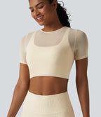 Contrast Mesh Short Sleeve 2-in-1 Cropped Yoga Sports Top — Pearled Ivory — view 5