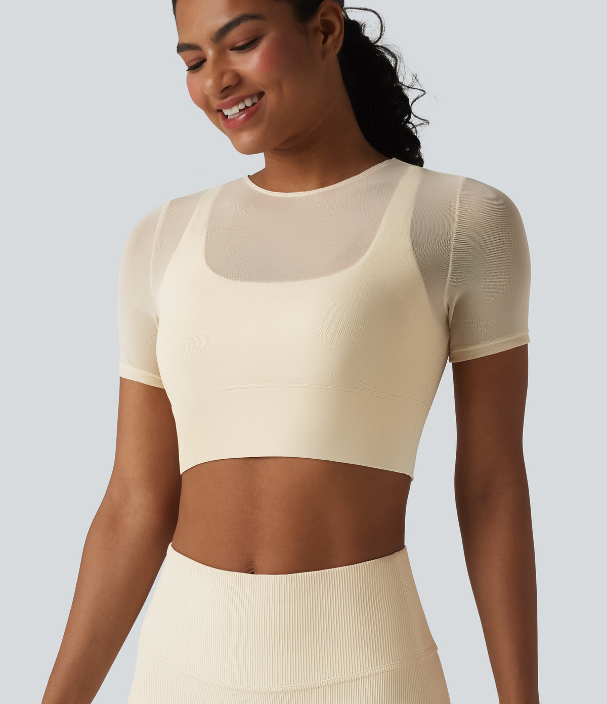 Contrast Mesh Short Sleeve 2-in-1 Cropped Yoga Sports Top — Pearled Ivory — view 5