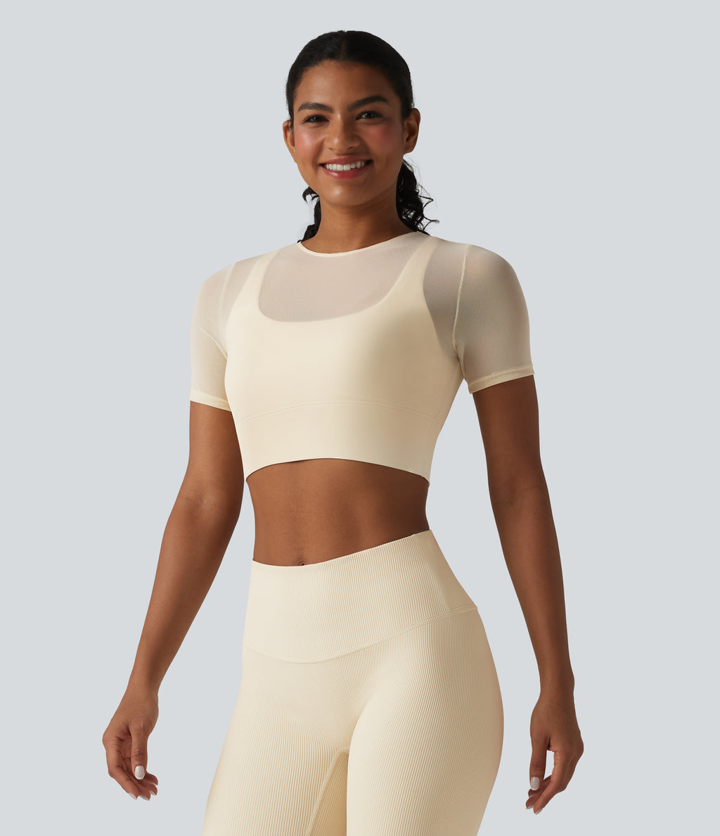 Contrast Mesh Short Sleeve 2-in-1 Cropped Yoga Sports Top — Pearled Ivory — view 3