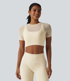 Contrast Mesh Short Sleeve 2-in-1 Cropped Yoga Sports Top — Pearled Ivory — view 2
