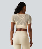 Contrast Mesh Short Sleeve 2-in-1 Cropped Yoga Sports Top — Pearled Ivory — view 4