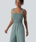 Square Neck Shirred Linen-Feel Jumpsuit-Edition — Silverwood Sage — view 4