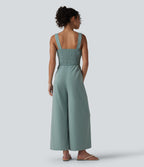 Square Neck Shirred Linen-Feel Jumpsuit-Edition — Silverwood Sage — view 2