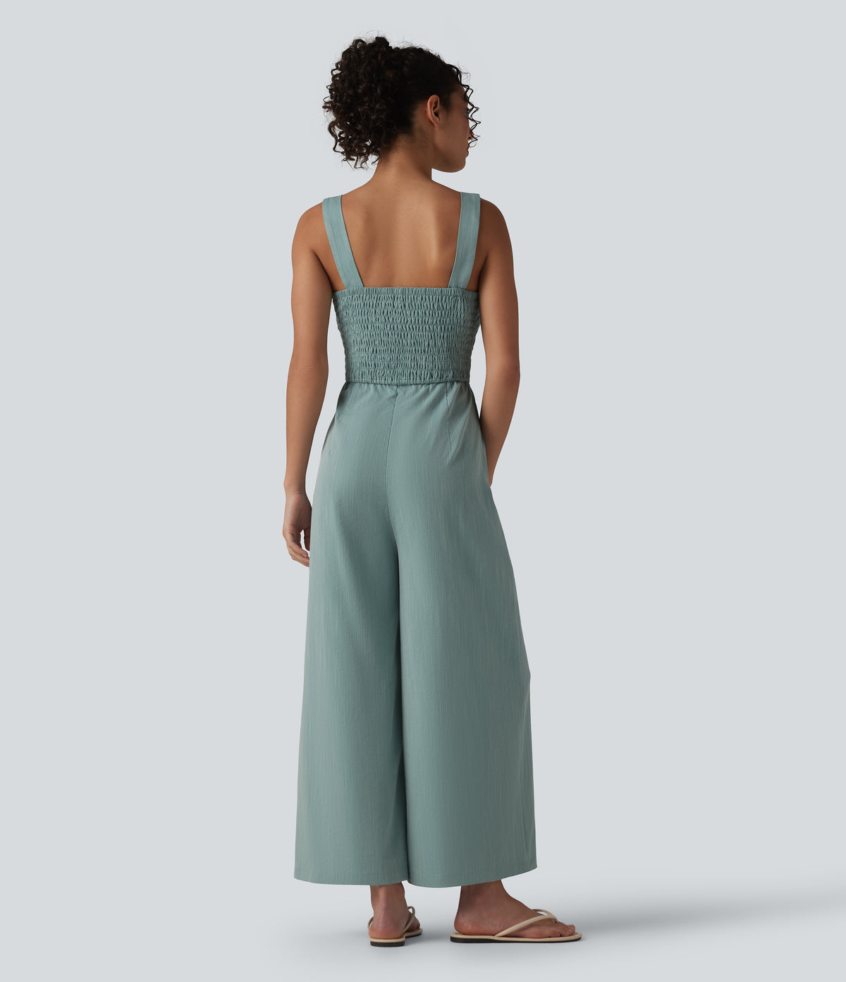 Square Neck Shirred Linen-Feel Jumpsuit-Edition — Silverwood Sage — view 2
