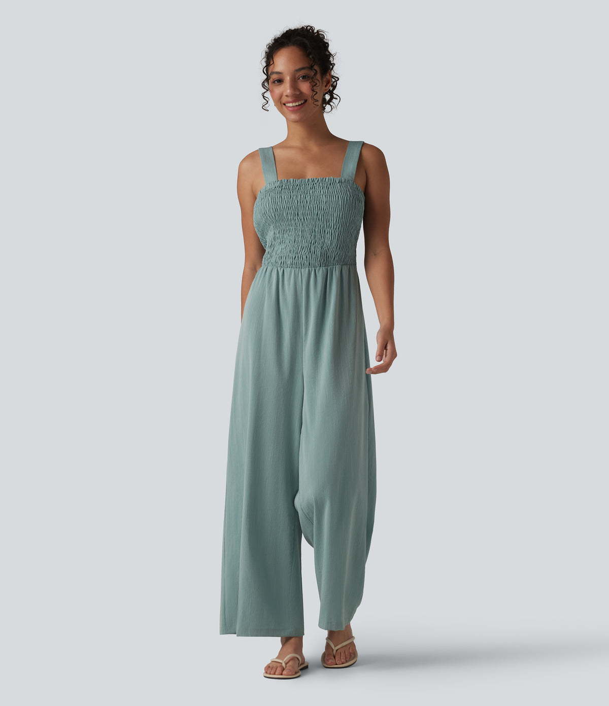 Square Neck Shirred Linen-Feel Jumpsuit-Edition — Silverwood Sage — view 3