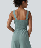Square Neck Shirred Linen-Feel Jumpsuit-Edition — Silverwood Sage — view 5