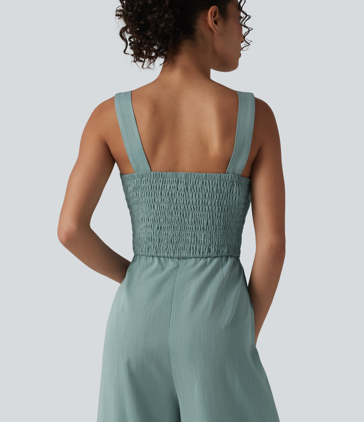 Square Neck Shirred Linen-Feel Jumpsuit-Edition — Silverwood Sage — view 5