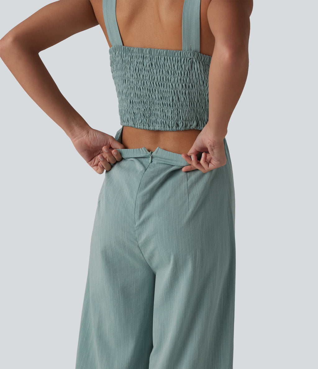 Square Neck Shirred Linen-Feel Jumpsuit-Edition — Silverwood Sage — view 7