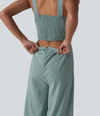 Square Neck Shirred Linen-Feel Jumpsuit-Edition — Silverwood Sage — view 7