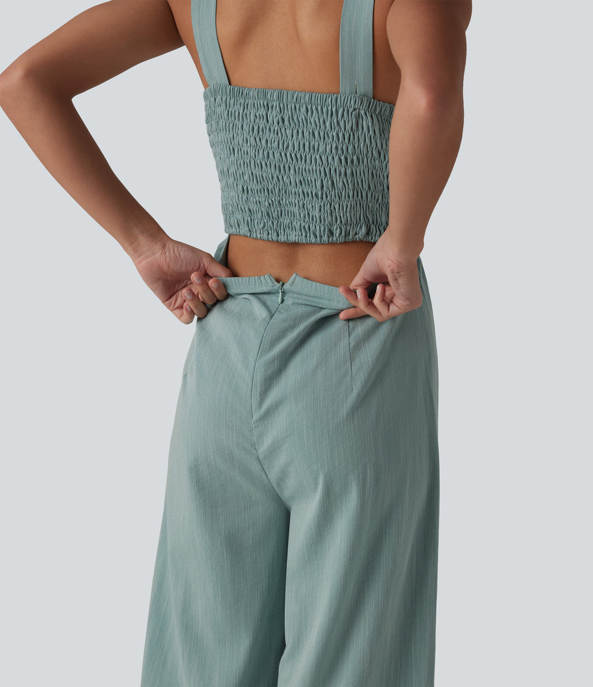 Square Neck Shirred Linen-Feel Jumpsuit-Edition — Silverwood Sage — view 7