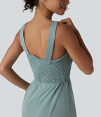 Square Neck Shirred Linen-Feel Jumpsuit-Edition — Silverwood Sage — view 6